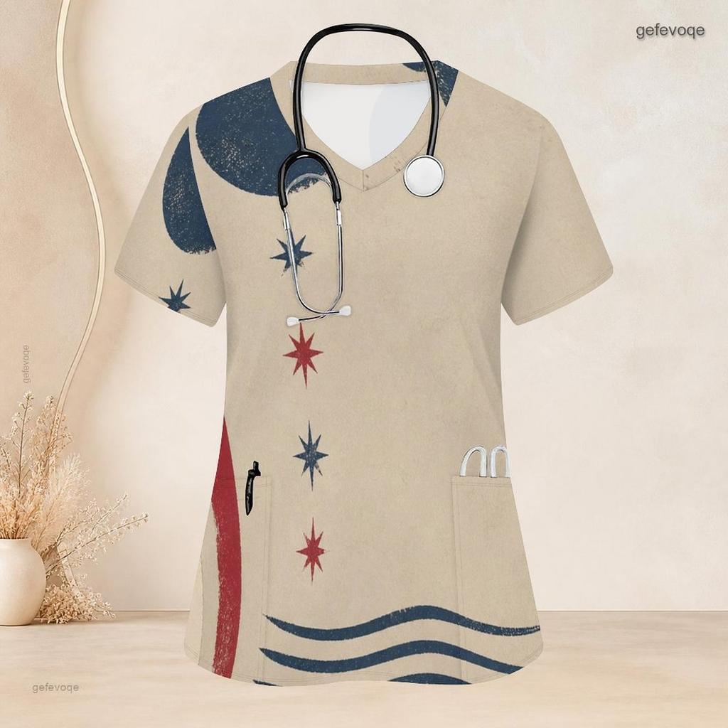 Women Plus Size Beige Printed Nurse Scrub Top V Neck Short Sleeve With Front Pockets