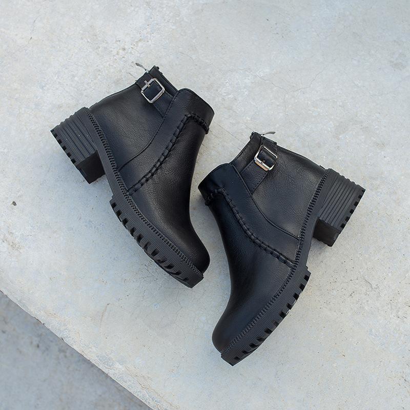 

Fashion Women Buckle Strap Ankle Boots Women Fashion Round Head Belt Buckle Mid-heel Short Boots Female Autumn Winter Casual Work Botas 35 чёрный