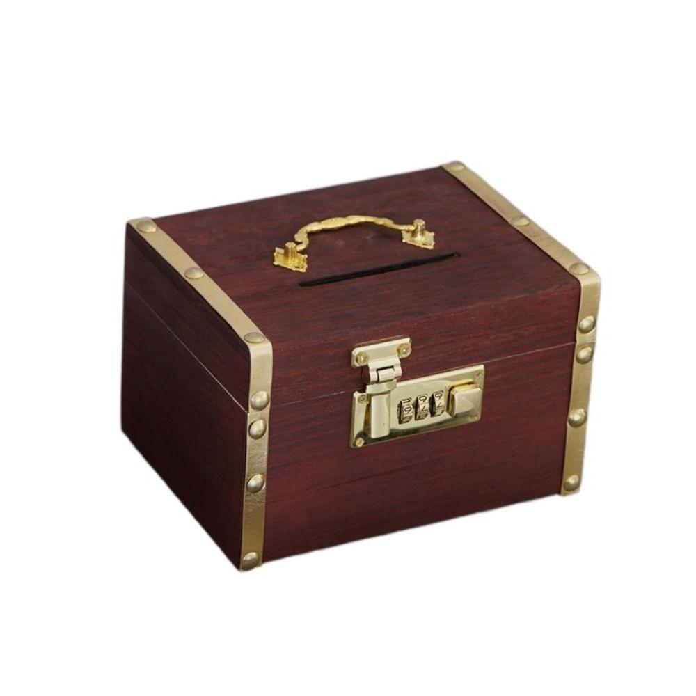 Retro Metal Handle Wooden Savings Tank with Password Lock Rectangle Money Tank Treasure Storage Box Secret Room Escape Decor