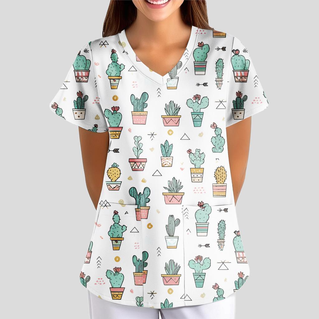 Women's Floral Print Loose V-neck Short-sleeved Uniform/ Uniform