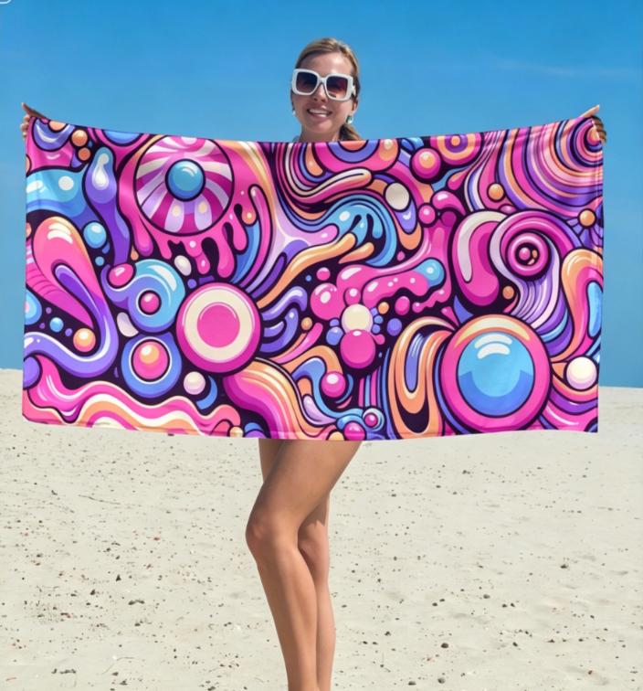 Psychedelic Liquid Swirl Beach Towel, Microfiber Sand Free Quick Dry, Retro 70s Hippie Print, Soft Absorbent for Summer & Pool