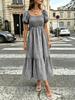 eBay European and American French Idyllic Bubble Sleeve Dress Vichy Square Neck High Waist Cake Dress Long Dress