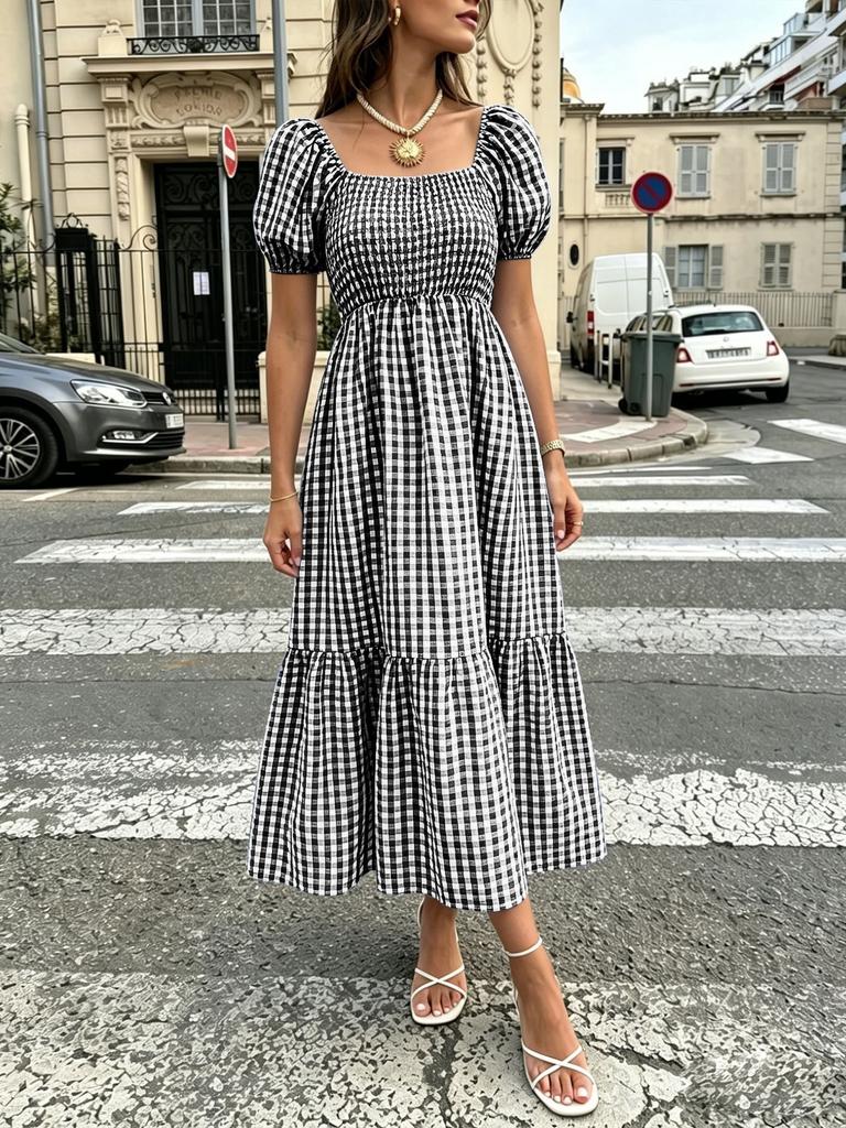 eBay European and American French Idyllic Bubble Sleeve Dress Vichy Square Neck High Waist Cake Dress Long Dress