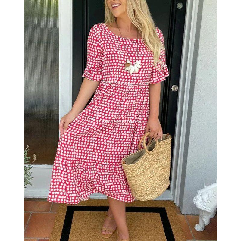 

Polka Dot round Neck Short Sleeve Dress Red S