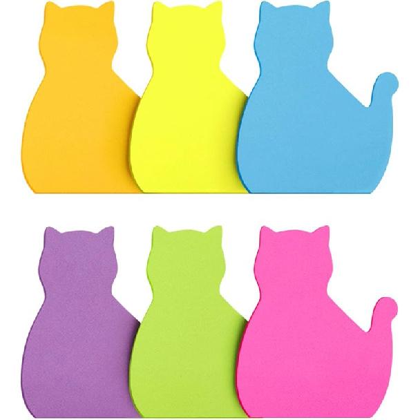 Cat Shape Sticky Notes 6 Color Bright Colorful Sticky Pad 75 Sheets/Pad Self-Sticky Note Pads (6 Pads) 6 Pads
