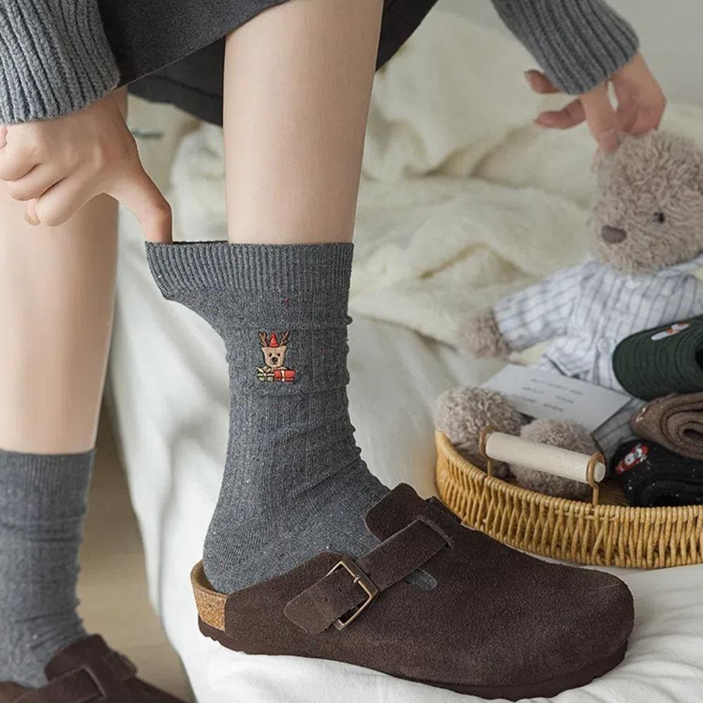 Chaussettes Mi-mollet Broderie Bonhomme de Neige Coton Chaussettes d'Hiver Nouvelles Chaussettes Tricotées