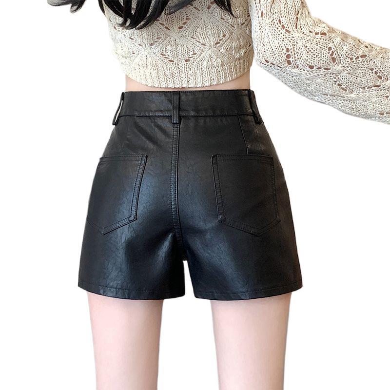Women's High-Waist PU Leather Shorts - Black, Autumn/Winter 2025, Slimming and Sexy Fit