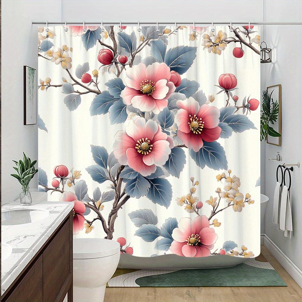 1Pc Romantic Peony Floral Shower Curtain - Large Pink And White Peonies On A Cream Background, Polyester Fabric With Hook