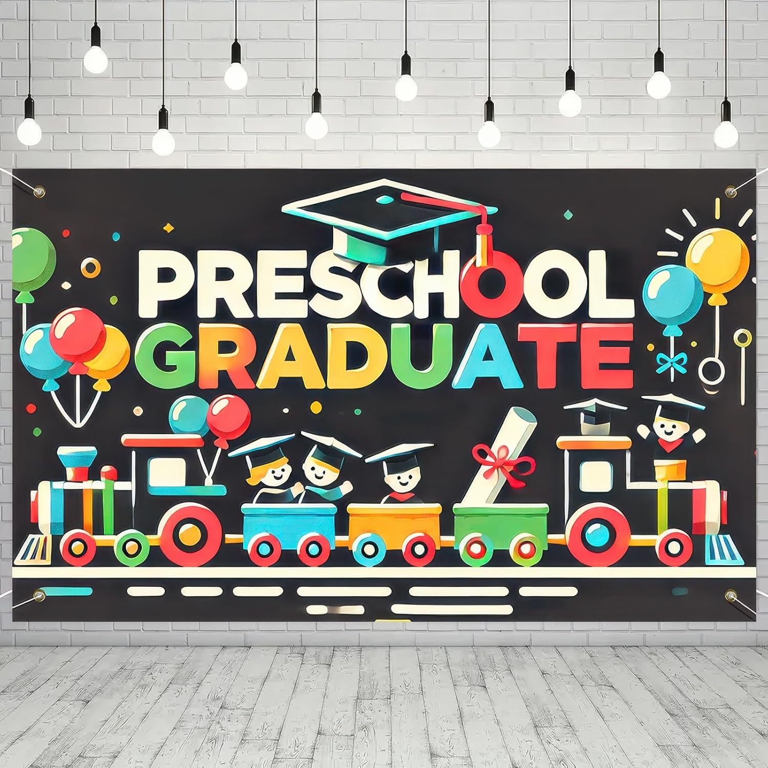Preschool Graduation Banner Outdoor Backdrop Graduation Decorations 71x43 Inches 2025 Congrats Grad Banner with Balloons Train Ideal for Preschool Preschool