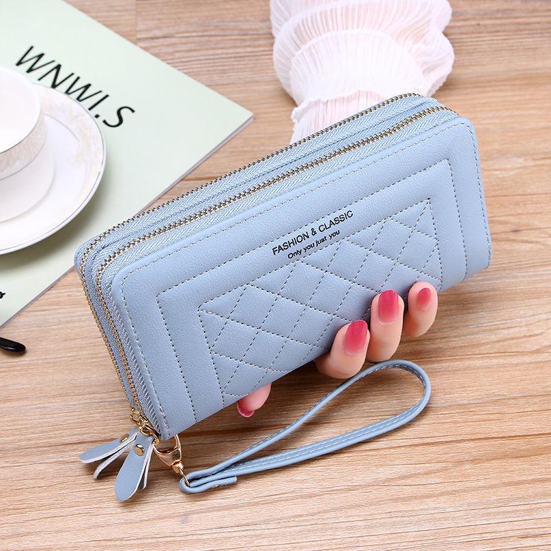 Dubbele rits Lange damesportemonnee Vrouwelijke portemonnees Muntportemonnee Kaarthouder Portemonnees Vrouwelijke PU leren clutch Geldzak PU leren portemonnee blauw