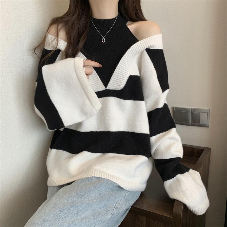 Fake Two Neck Hanging Off Shoulder Long Sleeved Pullover Sweaters for Women In Autumn and Winter Loose and Slimming Chic Tops