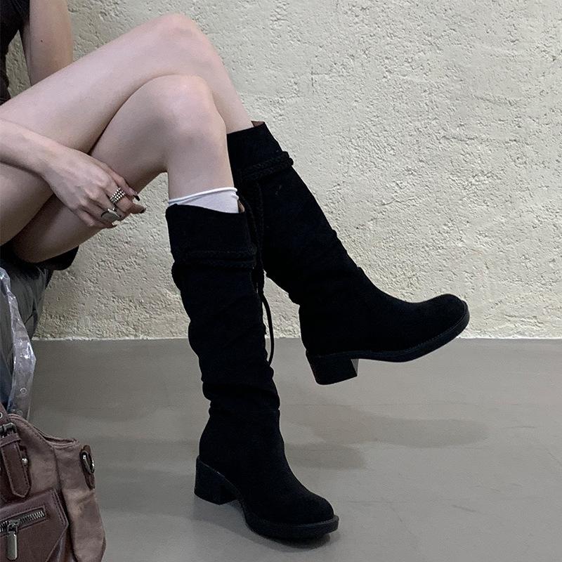 Retro suede thick heel boots women's autumn and winter new boots 2025 French high heel boots western cowboy boots