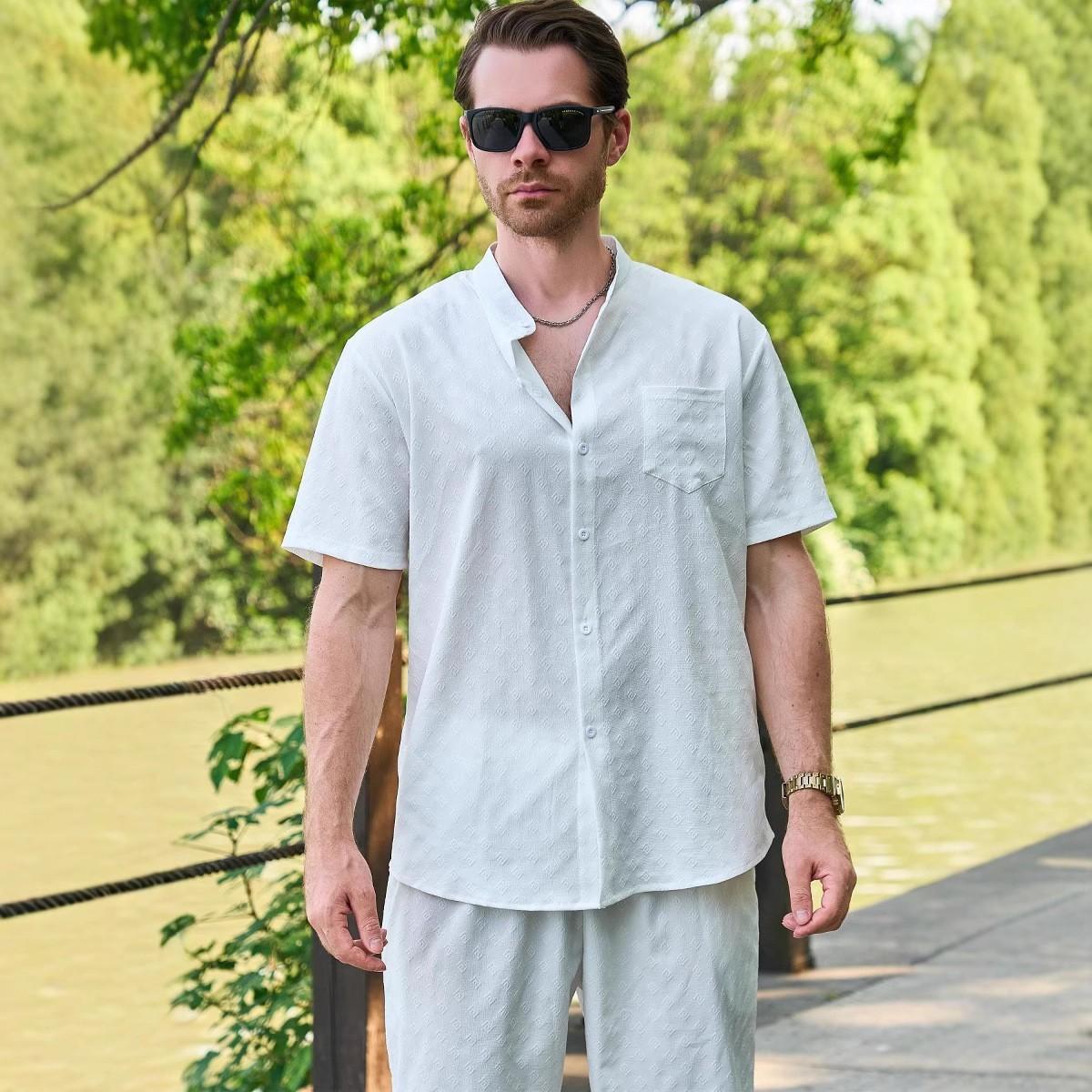 New summer men’s plain-coloured jacquard stand-up collar cardigan with pockets, outdoor short-sleeved shirt S