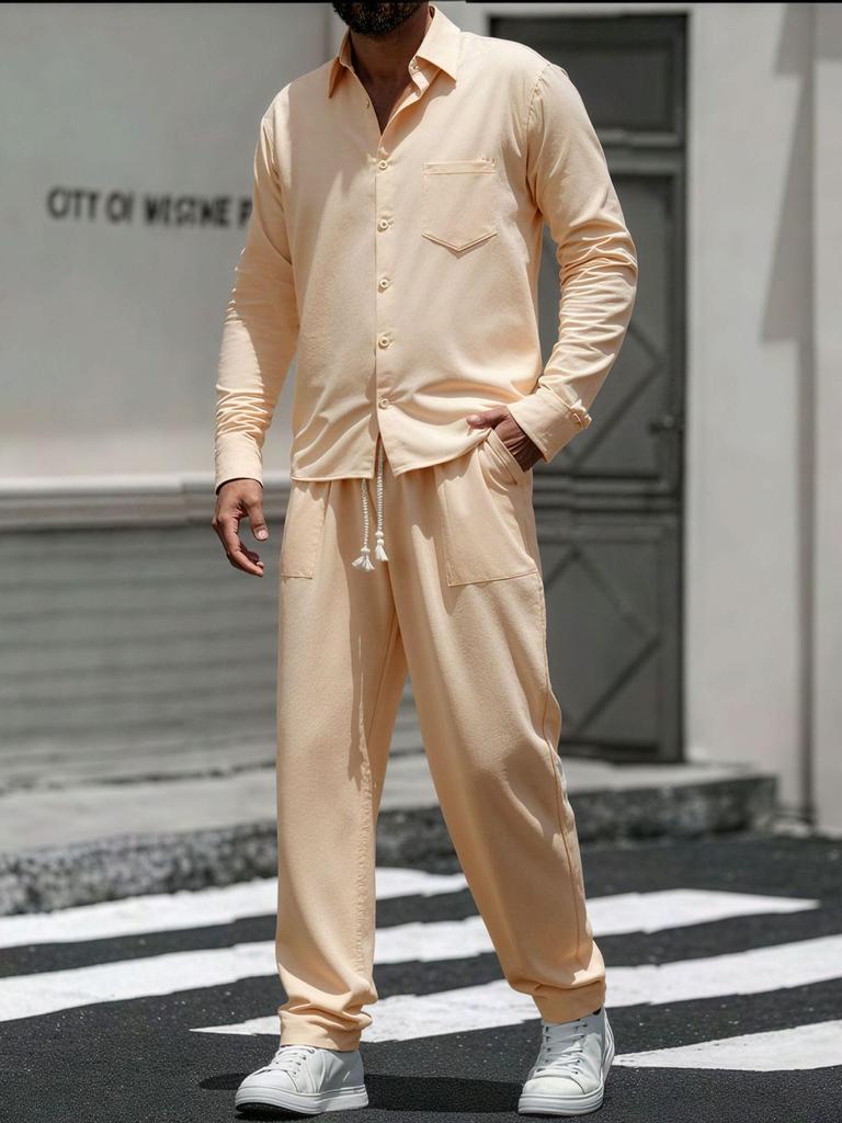 Men's Cotton Linen Two-Piece Set: Casual Loose Long Sleeve Shirt & Pants for Spring and Autumn