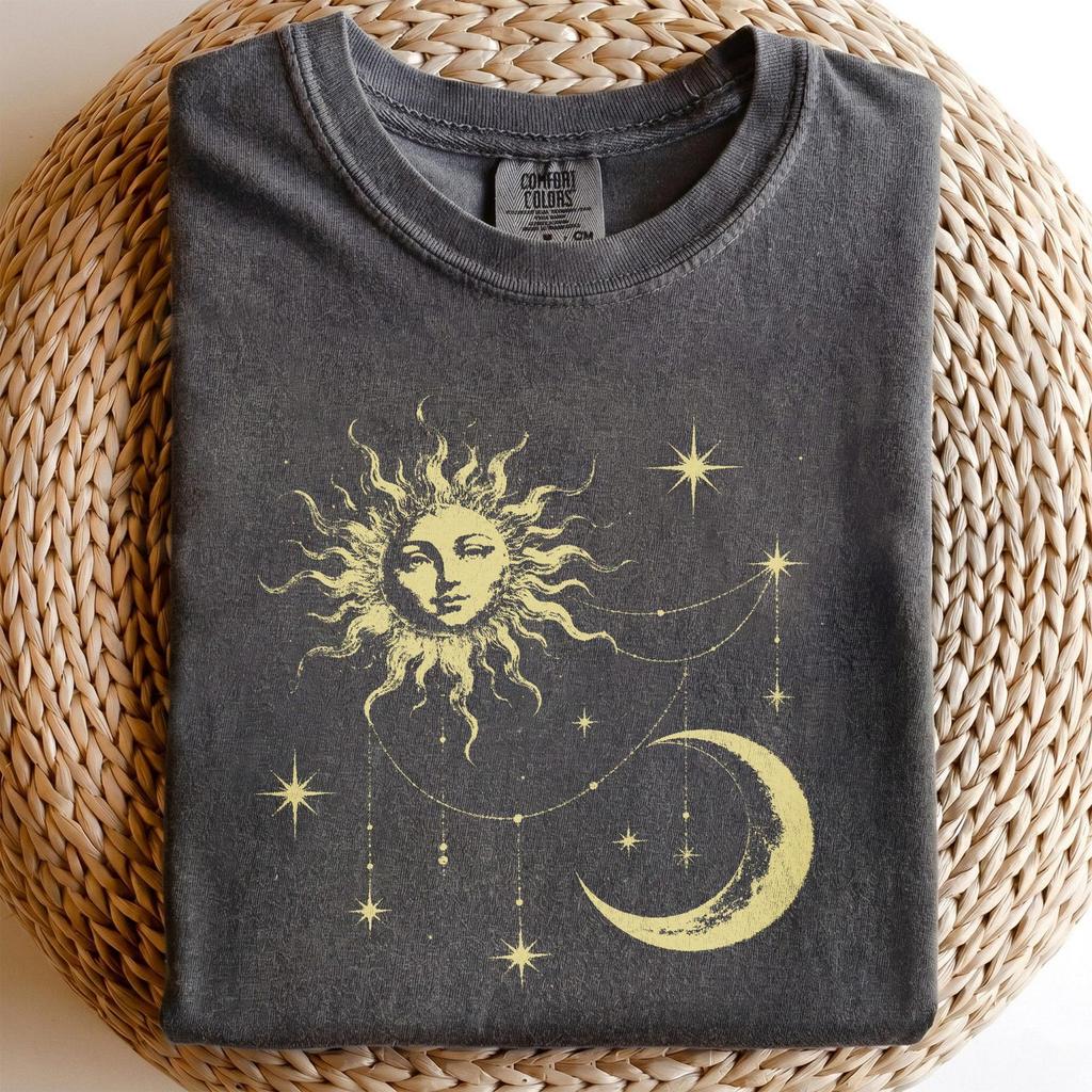 Celestial Sun Moon Stars Shirt and kids tshirt, Distressed Golden Graphic Tee, Mystical Top