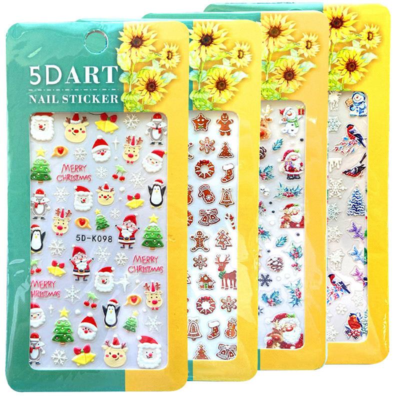 4set Year Nail Art 5D Adhesive Stickers Embossed Color Christmas Nail Decals