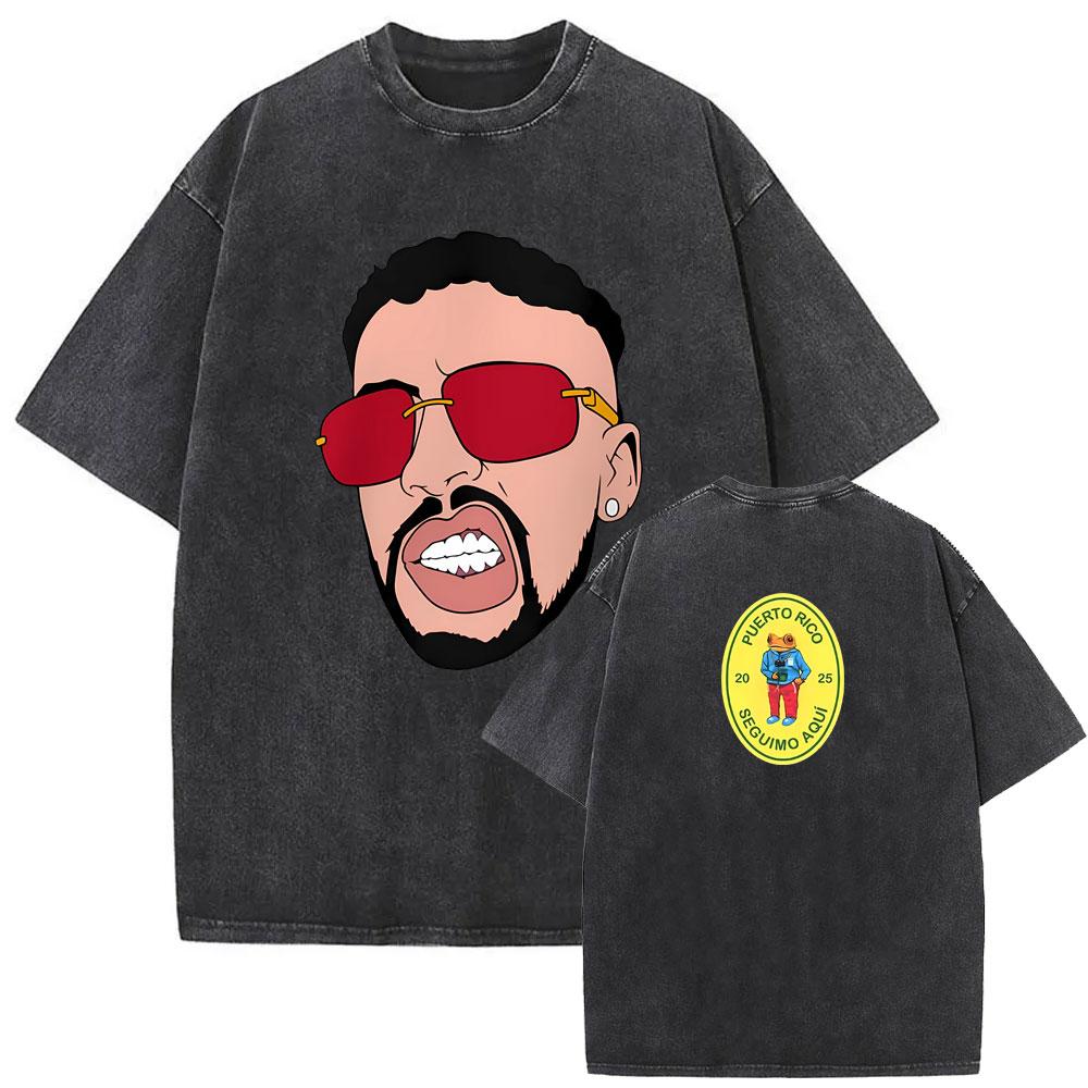 Camiseta Gráfica de Rapper Vintage Lavada Cara de Bad Bunny DeBi TiRAR MaS FOToS Impresión DTMF Camisetas Hombre Hip Hop Retro Camiseta Oversize