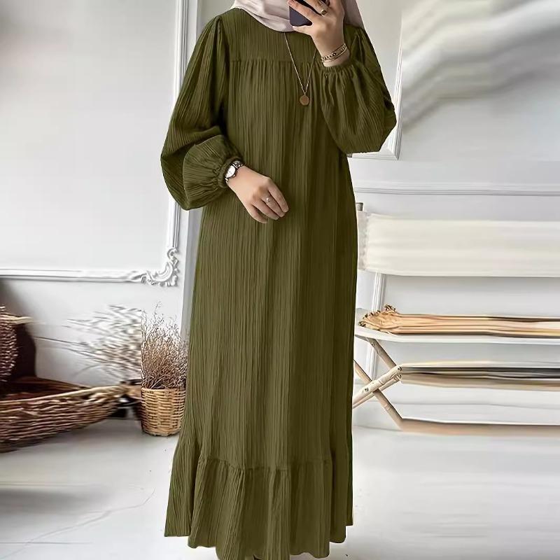Damen Robe Frühling Herbst Kleid Mode Langarm Retro Langes Kleid Einfarbig Rüschen Saum Kleid