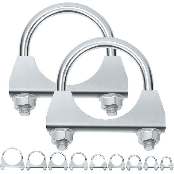 Swpeet 2Pcs Galvanized 2" - 50Mm Exhaust U Clamp Kit, Galvanized Muffler U-Bolt Clamps, Universal Heavy Duty U-Bolt Muffler Clamp Ideal For Tip Pipes