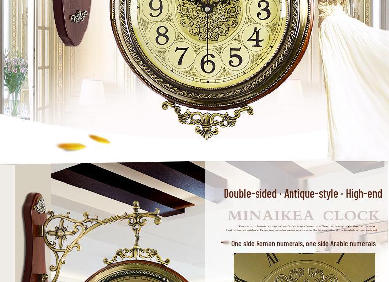 European Retro Double-Sided Silent Wall Clock - Large Antique Style for Living Room
