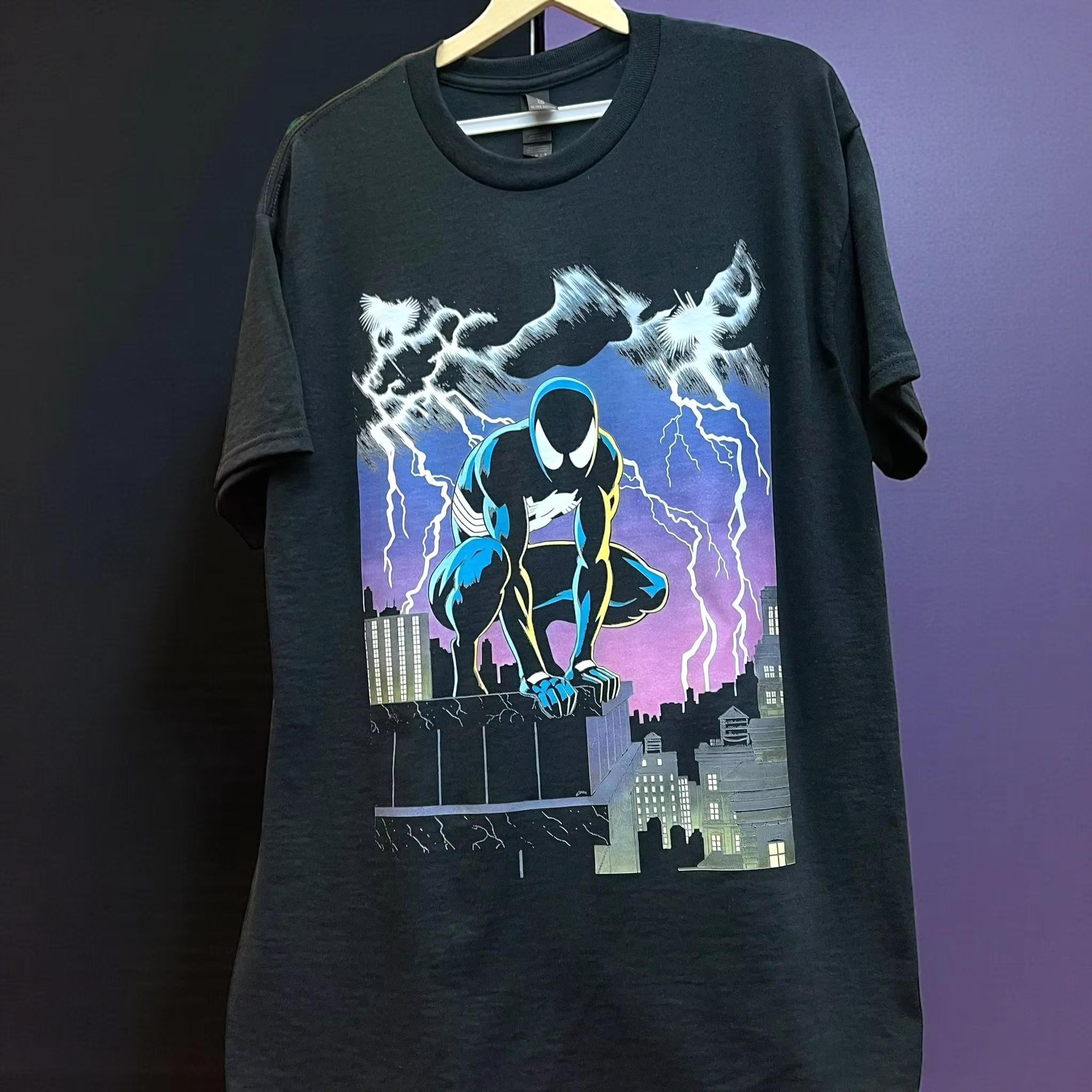 SpiderMan Black Suit T Shirt Lightning Night City Graphic Men Oversized Streetwear Symbiote Marvel Superhero Anime Top Tee XL