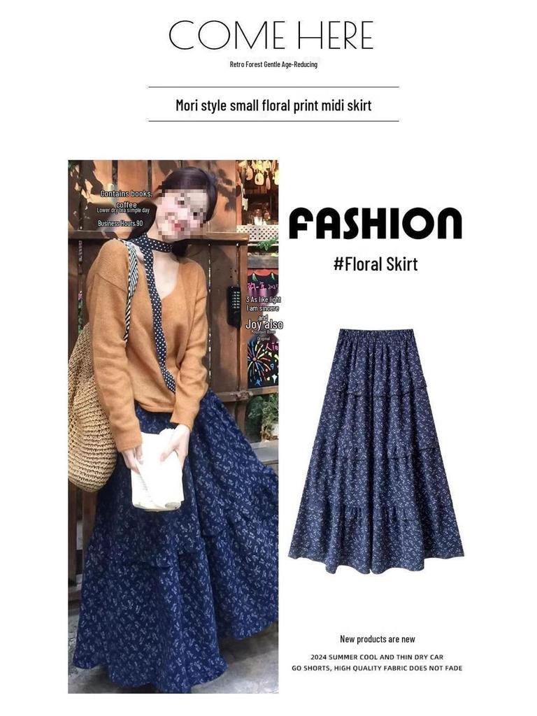 Retro Dark Blue Floral High-Waisted Midi A-line Skirt for Women - Spring 2025 Collection