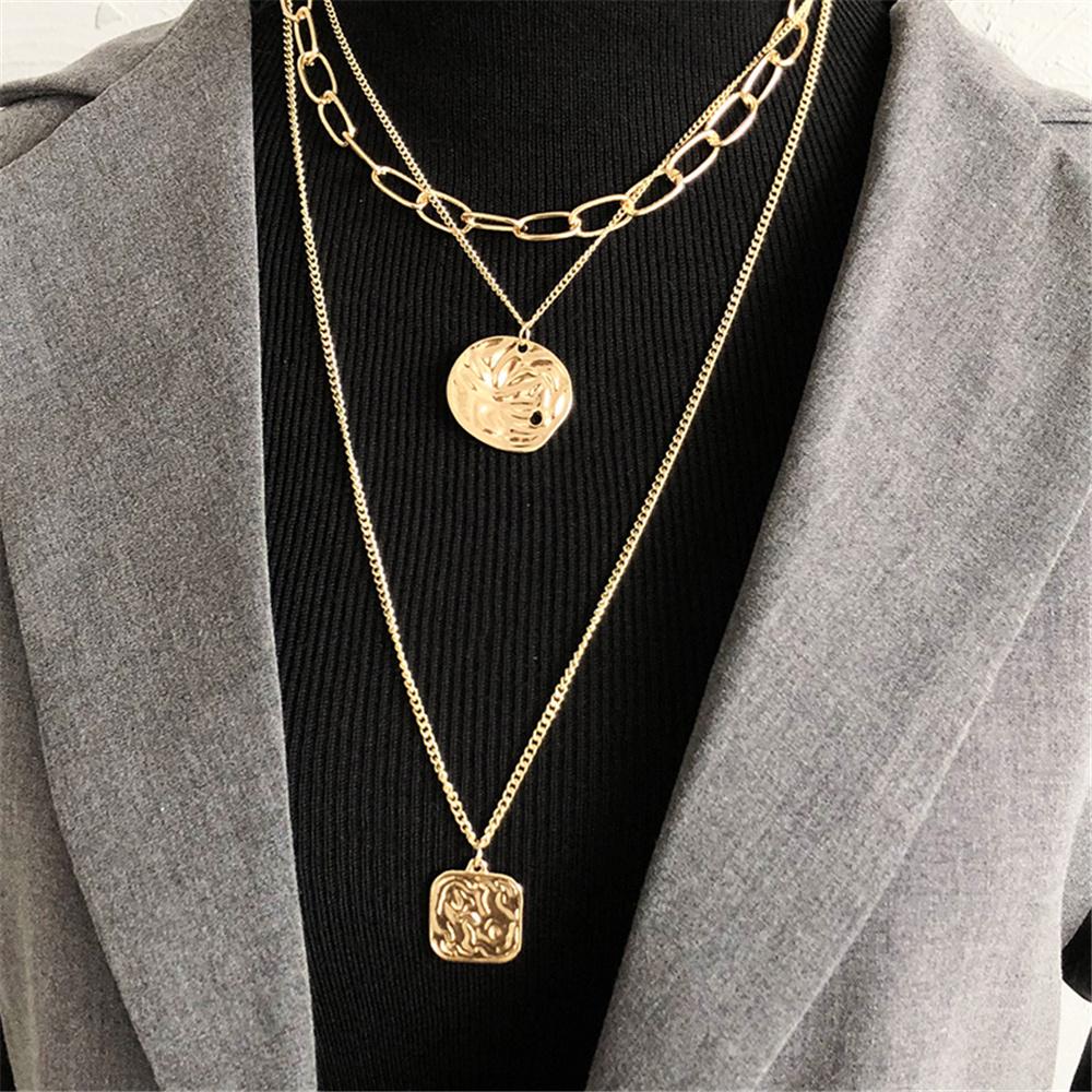 

2021 Vintage Fashion Boho Collar Multilevel Necklace For Women Female Gold Color Chain Pin Human Head Coin Pendant Zircon Gift