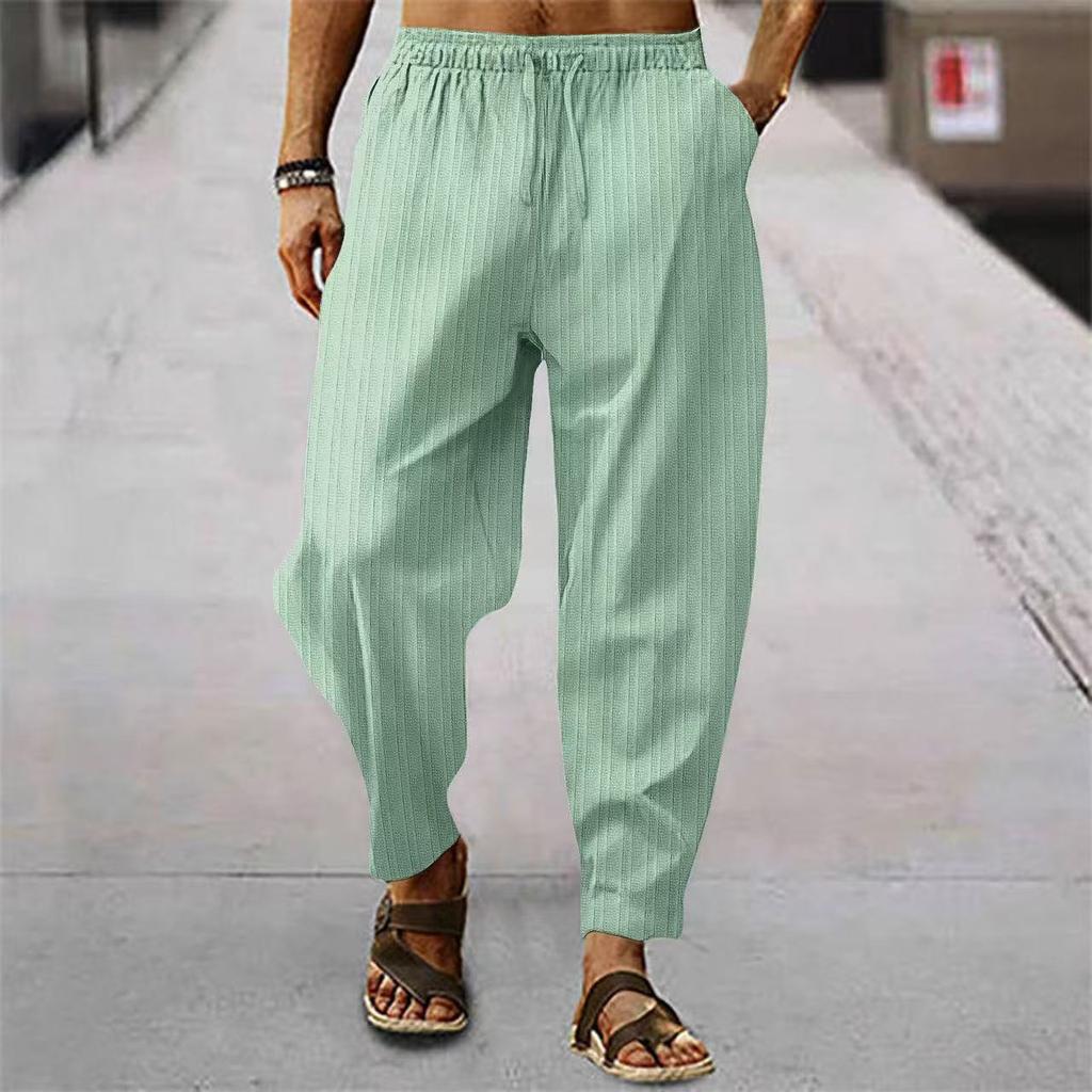 Men's Casual Loose Fit Sport Pants Hip Hop Cotton Linen Stripe Breathable Loose Comfortable Men's Long Trousers