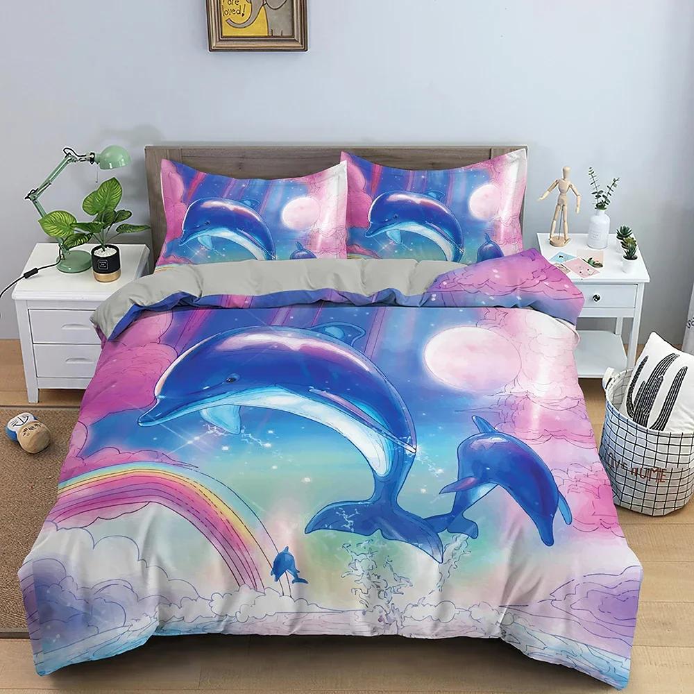 Dolphin Bedding Set Cute Animals Duvet Cover With Pillowcase Bedroom Printed Comforter Covers Twin Full King Home Textile 2/3Pcs