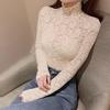 Turtleneck Long Sleeves Perspective Thin Bottoming Top Women Embroidery Floral Crochet Lace Hollow Top