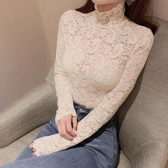 Turtleneck Long Sleeves Perspective Thin Bottoming Top Women Embroidery Floral Crochet Lace Hollow Top