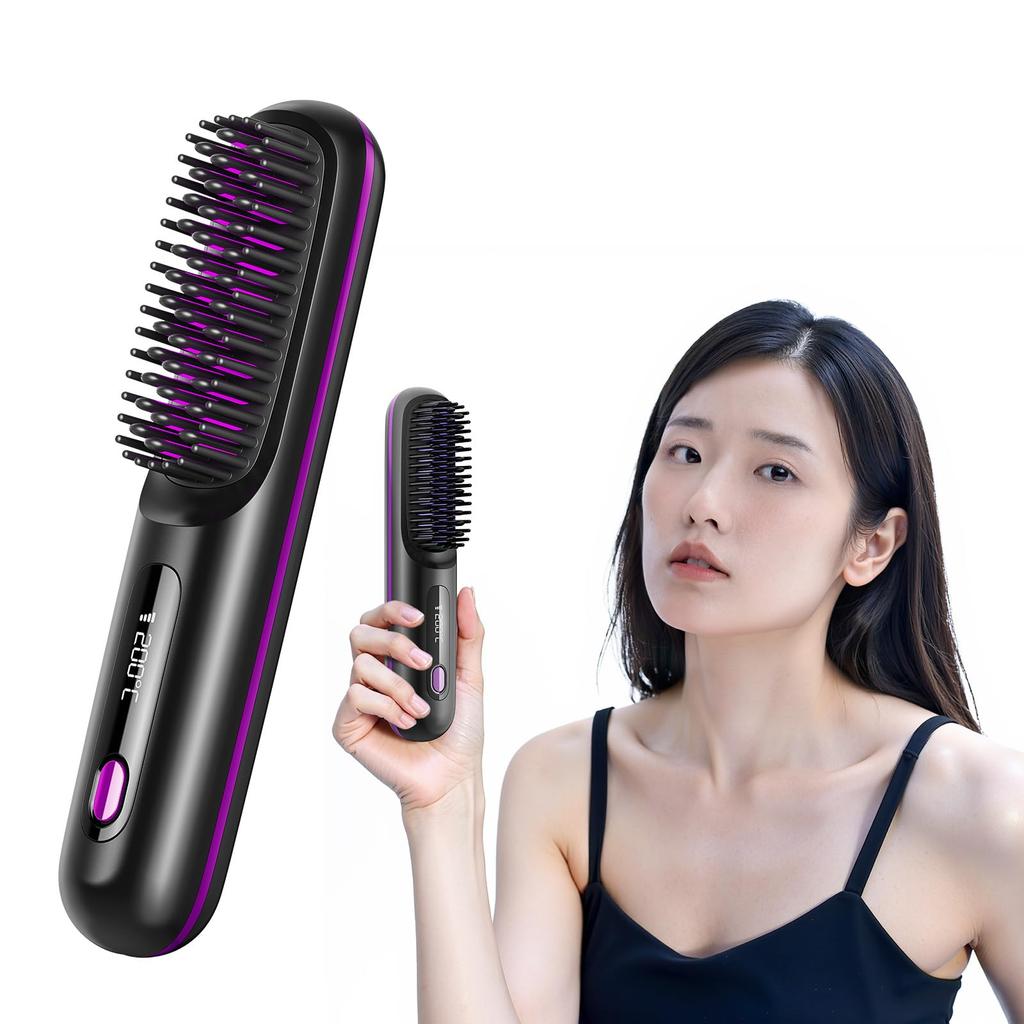 Advanced Heat Brush Cordless Brush Iron Straightener Negative Ion Digital Display Rechargeable USB Rechargeable Temperature Adjustment Ceramic Coating
