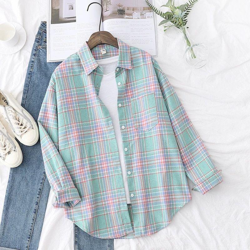 

Retro Loose Checked Shirt Jacket Retro Loose Plaid Shirt Coat Female Green S