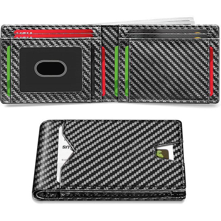 Мужской бифолд кошелек из углеродного волокна с RFID-защитой - Многофункциональный из натуральной кожи чёрный