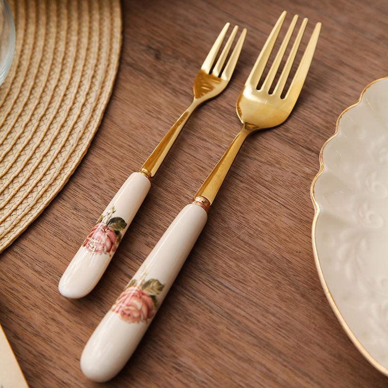 European Stainless Steel Knife, Fork and Spoon Home Ceramic Handle Steak Knife and Fork Golden Dessert Coffee Spoon Tableware