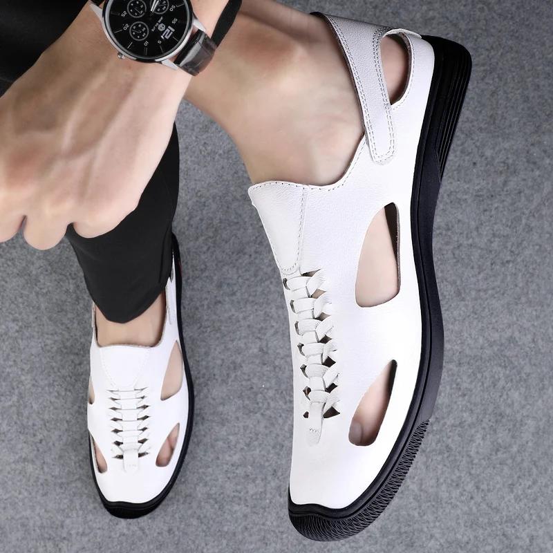 Fashion Summer Business Men's Sandals Toe Wrapped Sandals Leather Soft Casual Shoes Hollow Out Beach Sandals Comfortable Male Sandalia