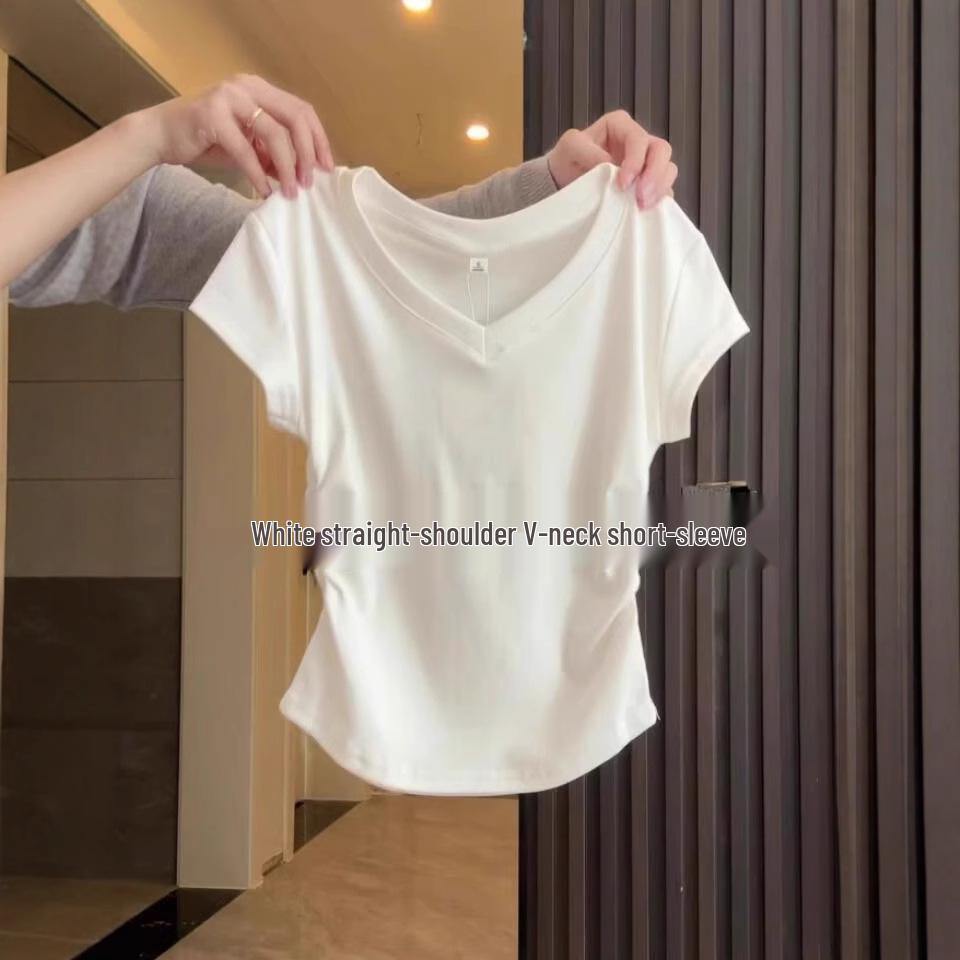 IZNK Women's Slim Fit V-Neck Pleated T-Shirt - Short-Sleeved, Summer 2025 Edition