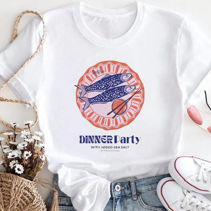 Short Sleeve Sardine Dinner Pattern Fashion Womens Vacation Summer Funny 90s Clothing Print Casual Style Womens Top TShirt S