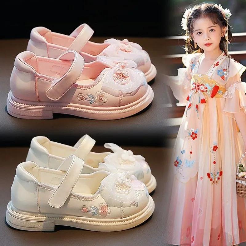 Fashion 3-12y Girls Leather Shoes Children Embroidery Shoe Spring Autumn Princess Flat Heel Party Dance Casual Chinese Style Sandal