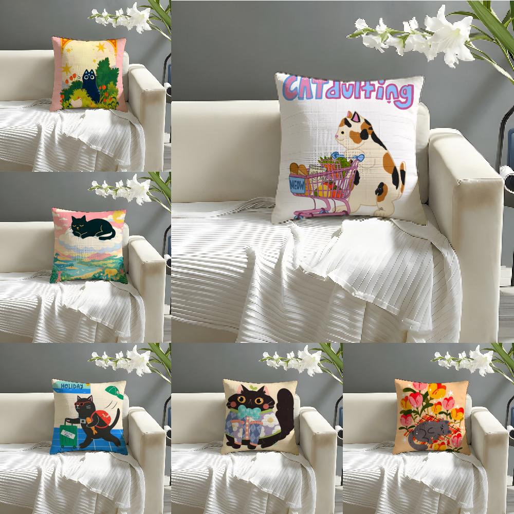 Cute Cat Illustrations Pillow Case Home Living Room Decoration Linen Pillowcover Pillow Cases Cushion Cover