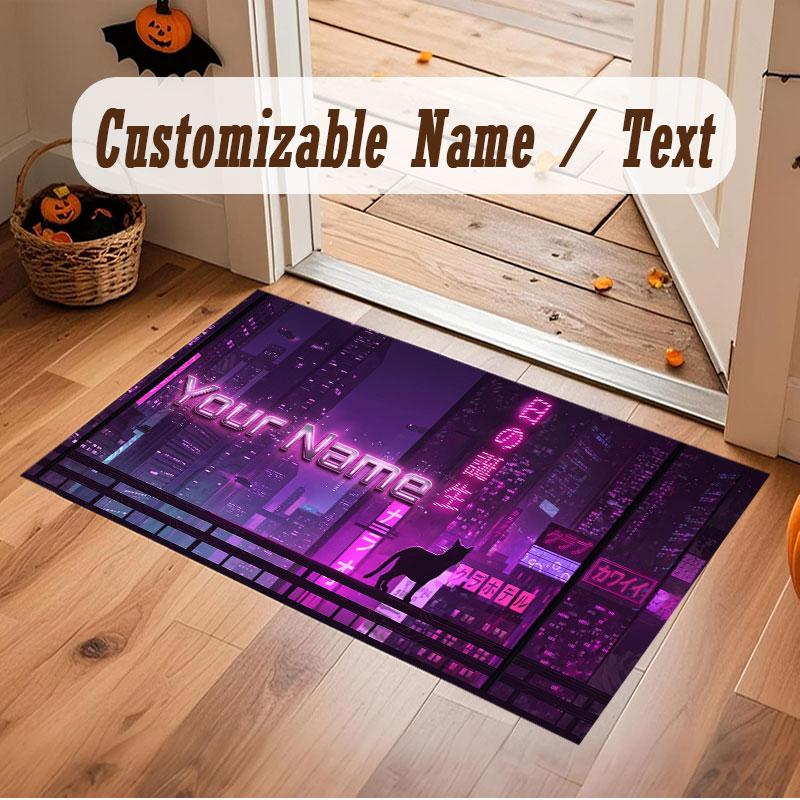 City Cyberpunk Theme Crystal Velvet Floor Rug Personalized Custom Name Text Warm Carpet Home Decoration