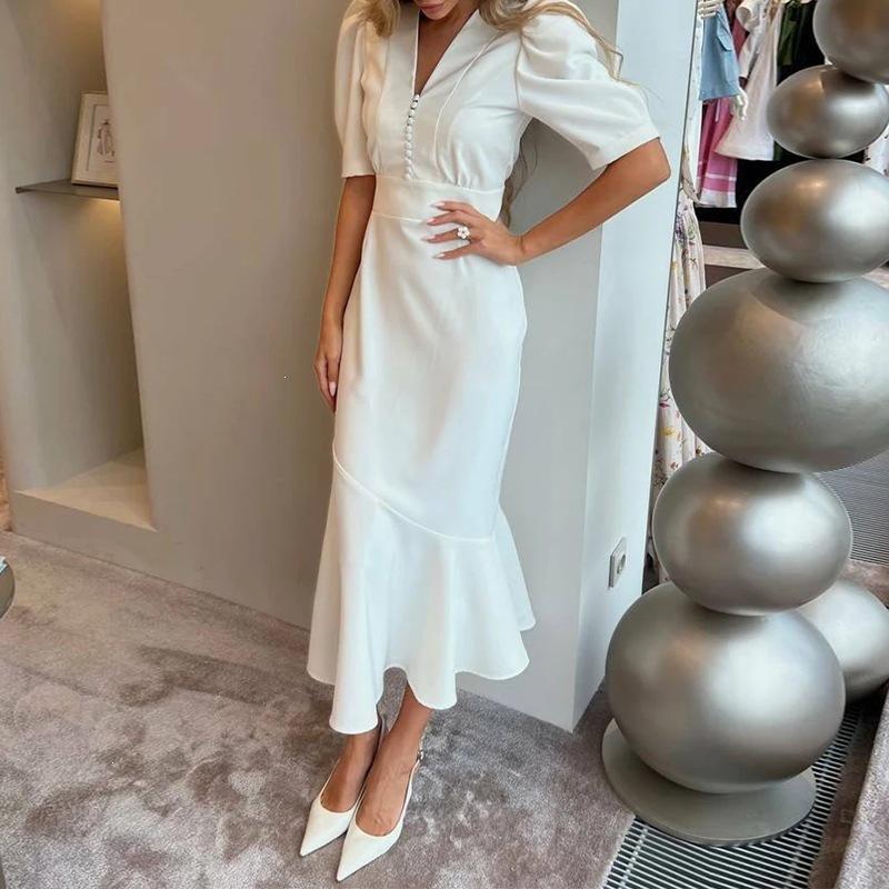 Casual White Patchwork Dresses Woman Fashion V-Neck Half Sleeve Button Dresses Elegant High Waisted Ruffled Midi Dress