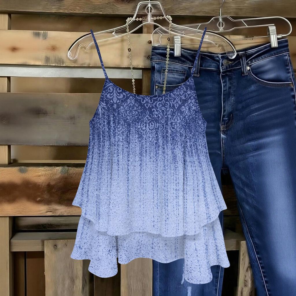 Women Sleeveless Double Layer Camisole Top Geometric Print Spaghetti Strap Summer Blouse Casual Lightweight Tank