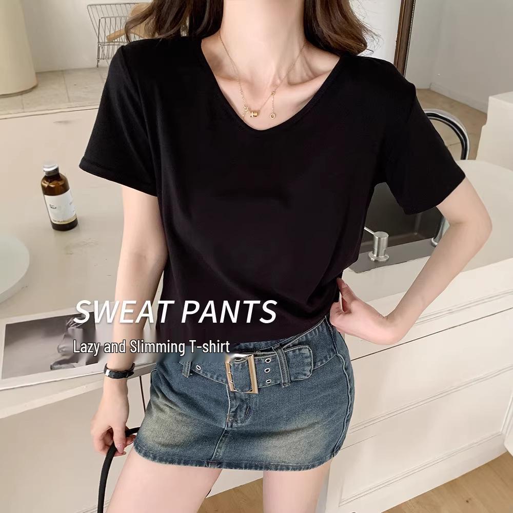 Women's V-Neck Casual Summer T-Shirt: Slimming, Versatile, Trendy, Short Sleeve, Solid Color