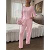 Women Sexy Lace Trim Cardigan Long Sleeve Top Long Pants Pajama Set Home Wear