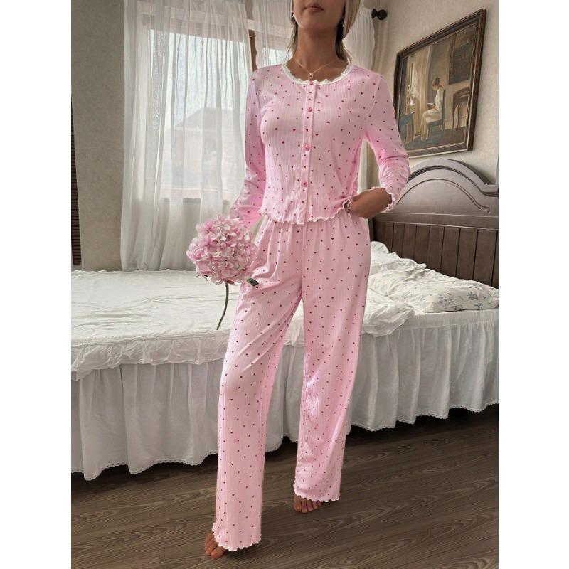 Women Sexy Lace Trim Cardigan Long Sleeve Top Long Pants Pajama Set Home Wear