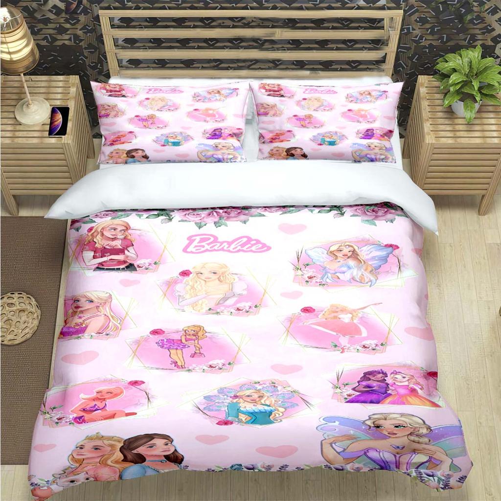 Hot Fashion Barbie Cartoon Print Bedding Sets Bed Supplies Set  Comforter Set  Teens Girls Cartoon Twin Single Kid Luxury Gift