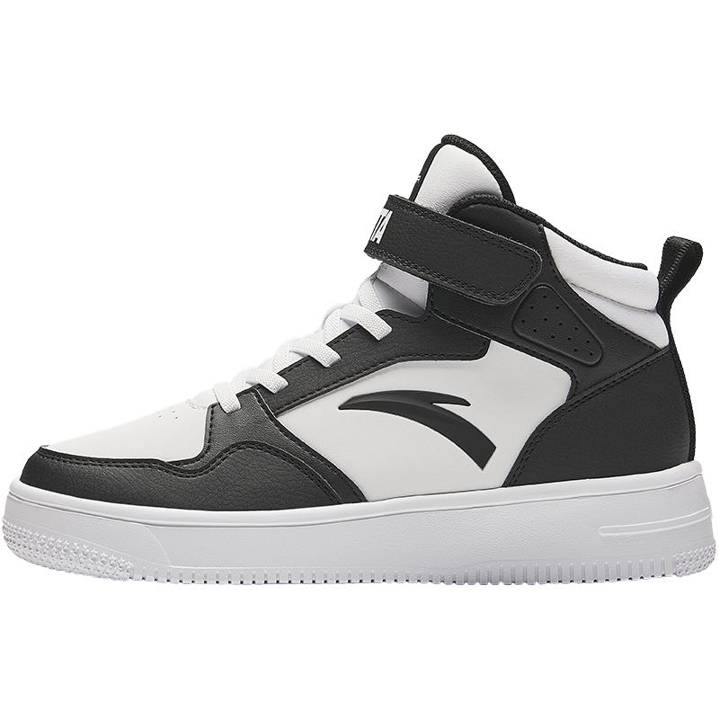 Anta Kids Synthetic Leather Fashion Versatile Lightweight Shock Absorbing High Top Kids Skate Shoes Men Skate Shoes Black White A12438004-5