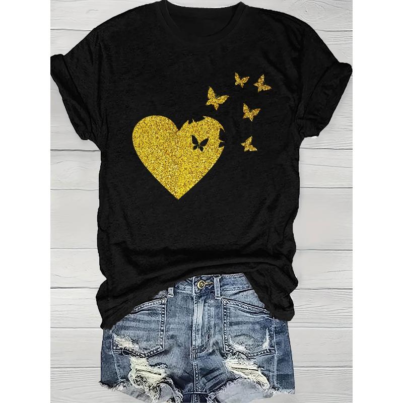 

European Size Women s Casual Short Sleeve Crew Neck T-Shirt - Glitter Heart & Butterfly Graphic Print 4XL чорний