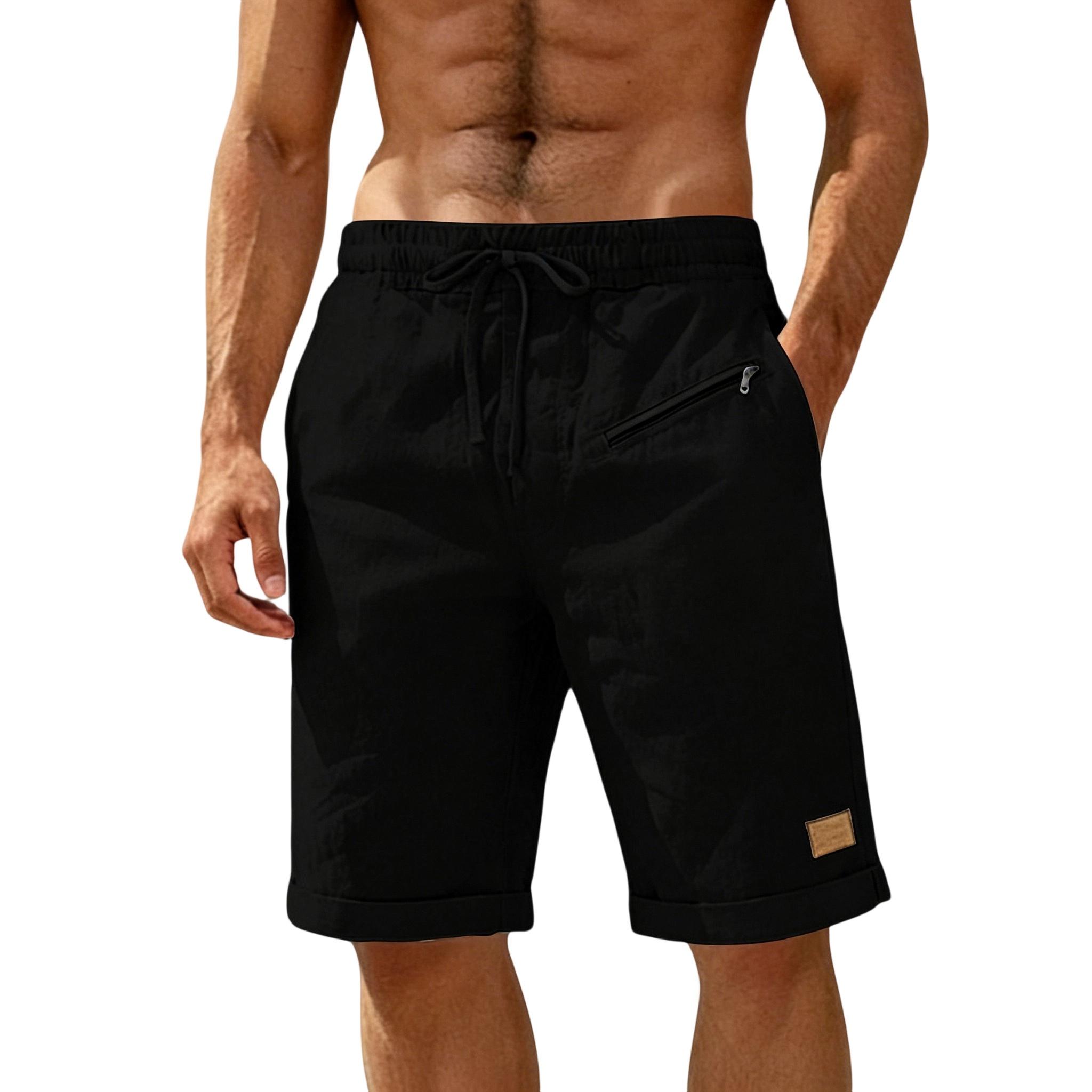 

Men’s Linen Drawstring Waist Casual Shorts with Zipper Pocket and Rolled Hem for Everyday Wear L